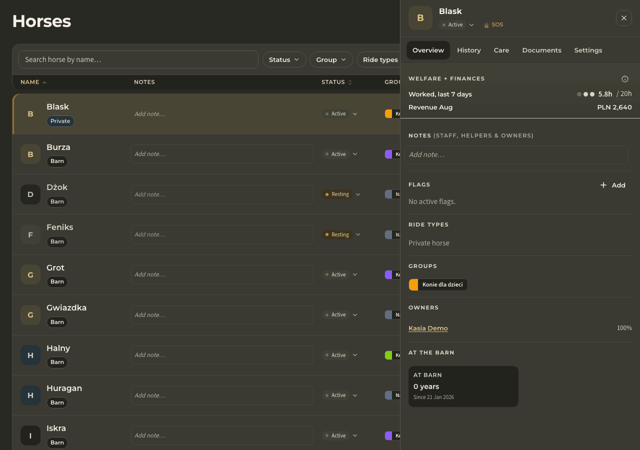screenshot — horse profile & workload