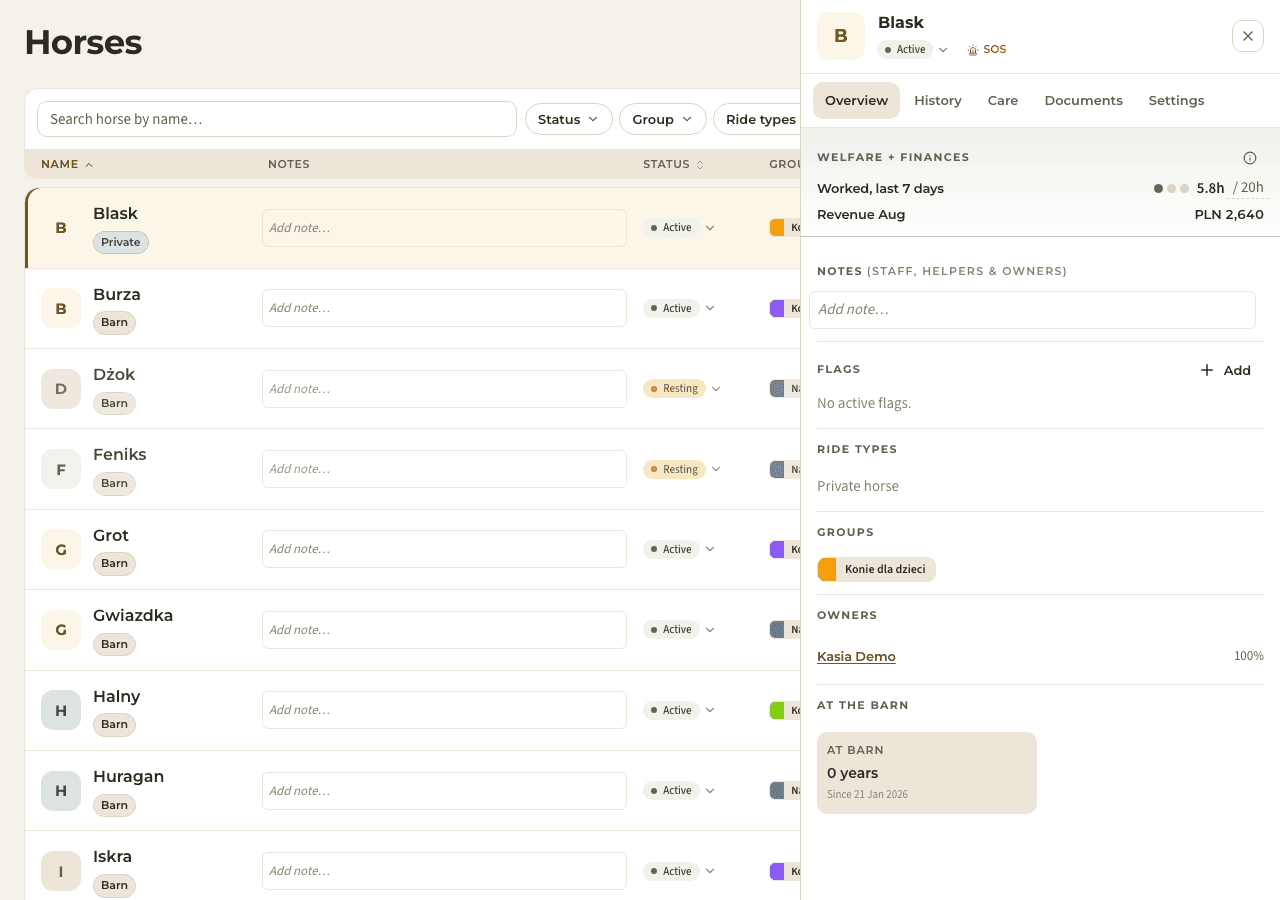 screenshot — horse profile & workload