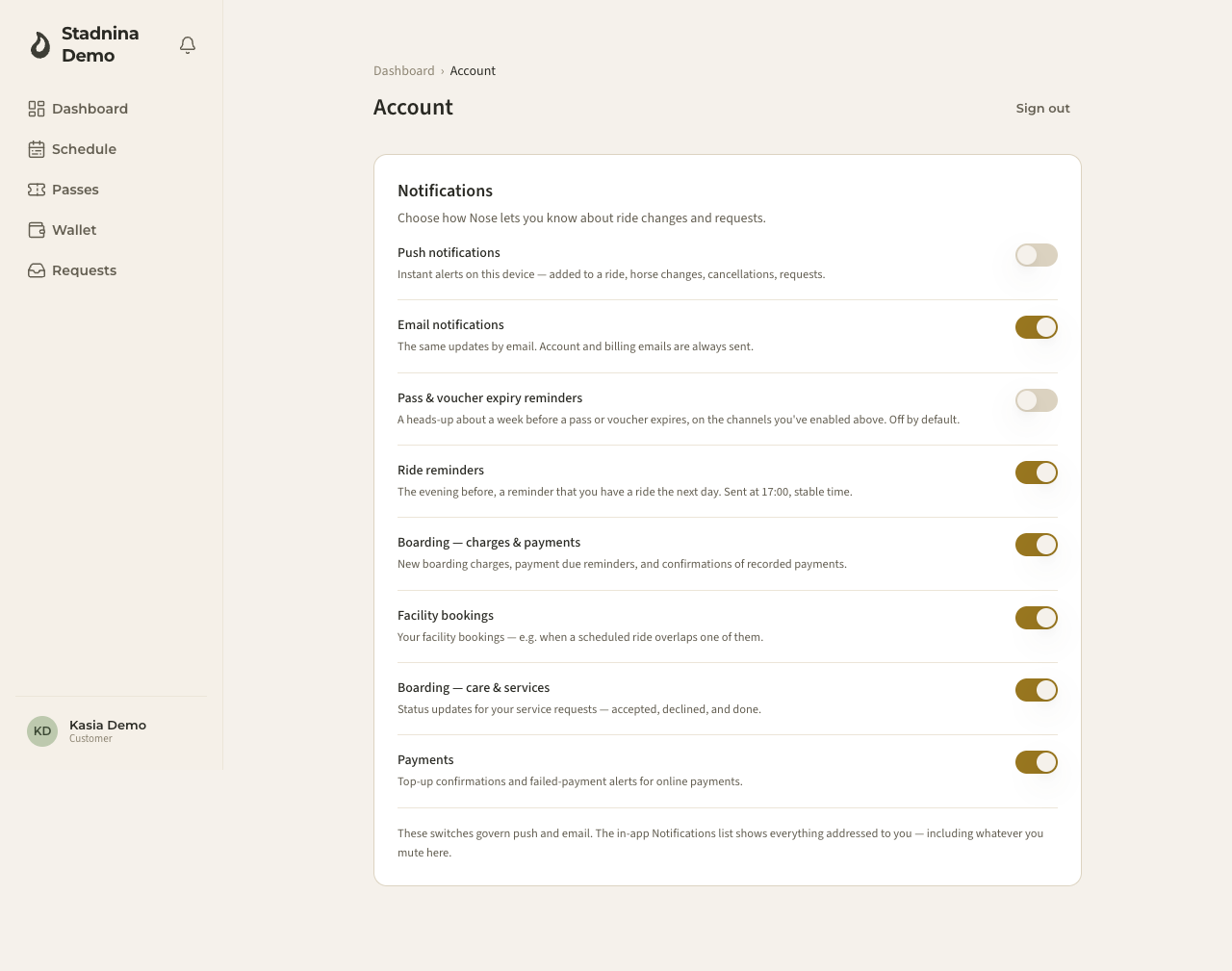Notification settings — the two channels, then a switch per kind of message.