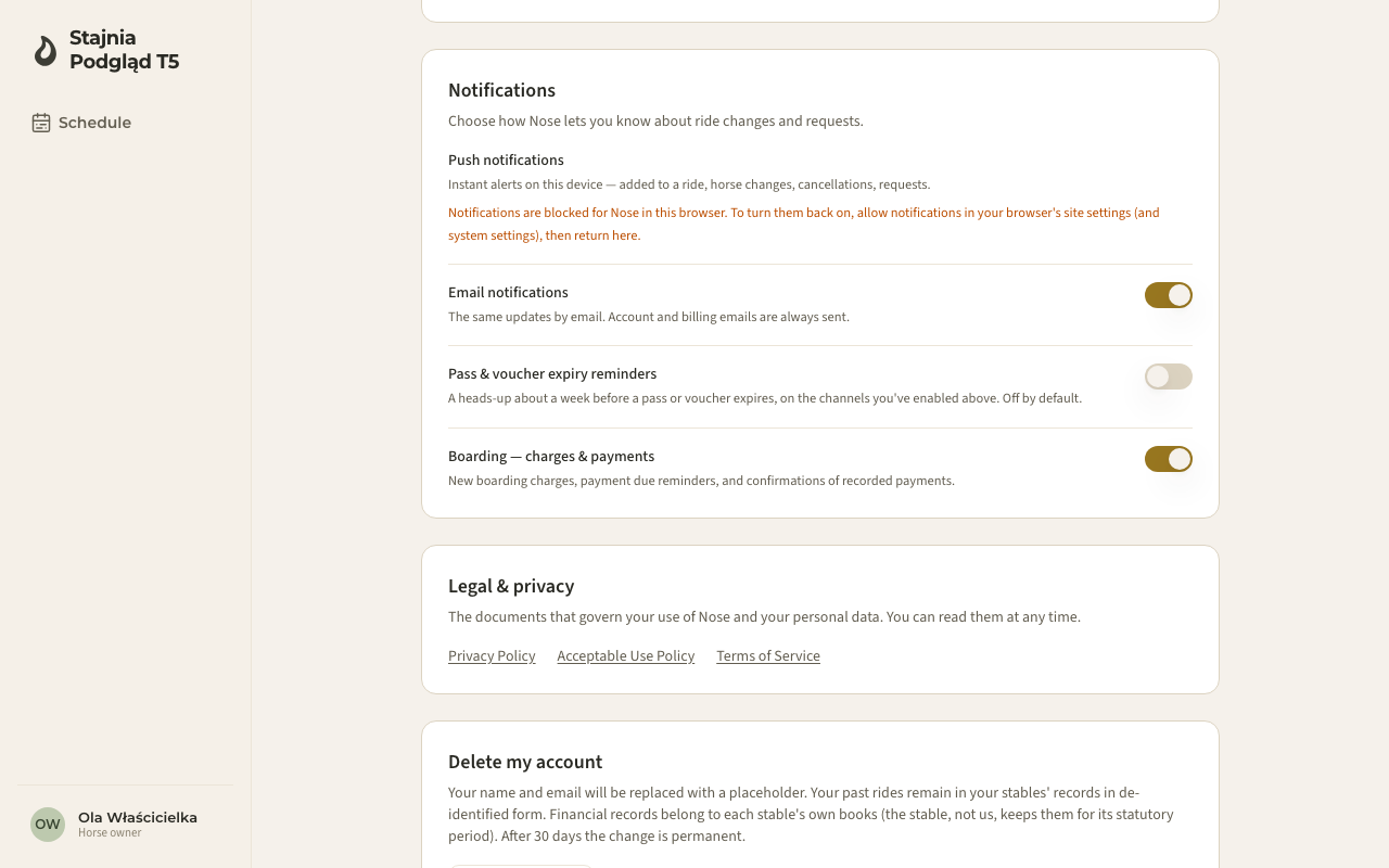 Account notification settings — the Boarding switch