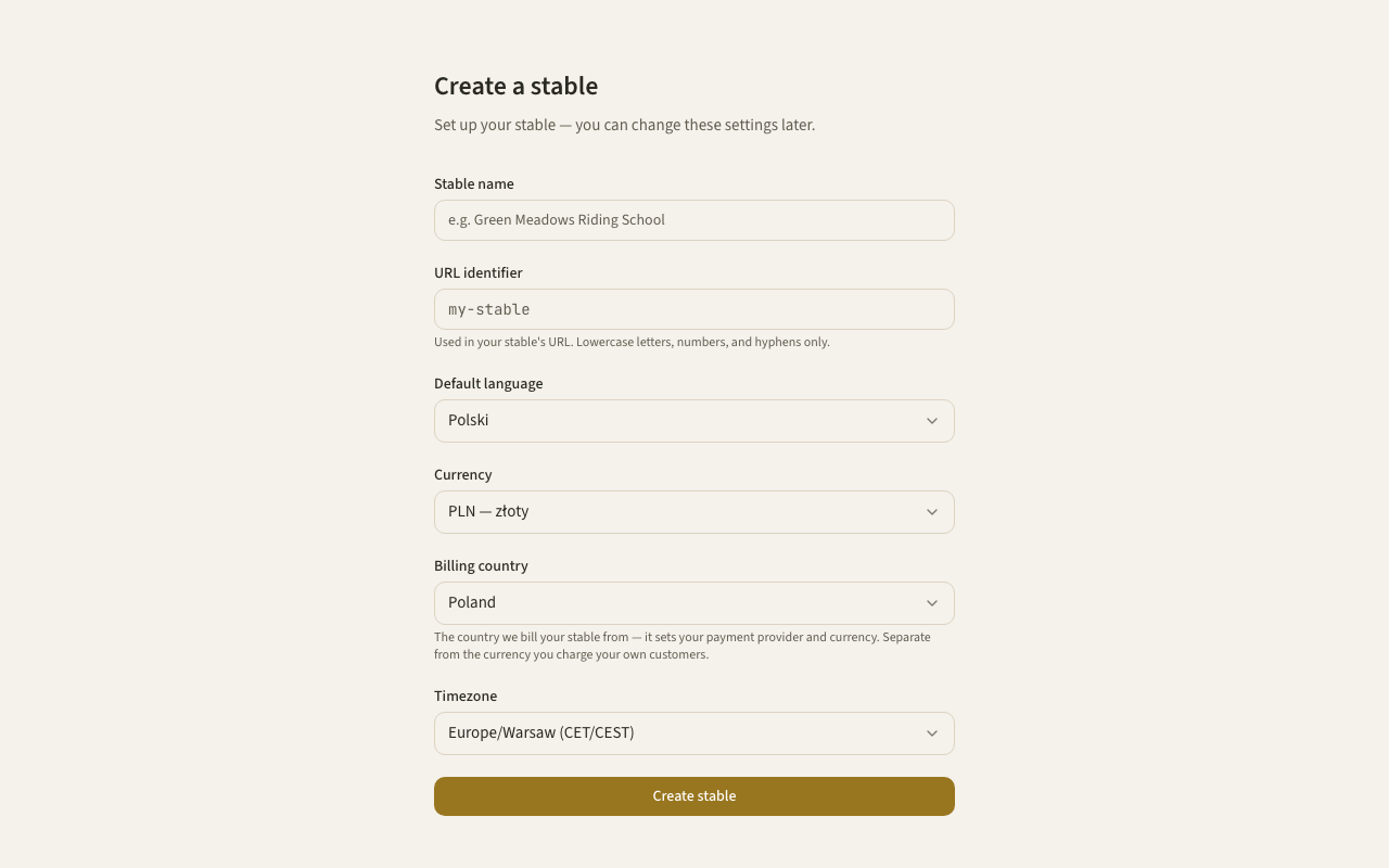 The create-a-stable form.